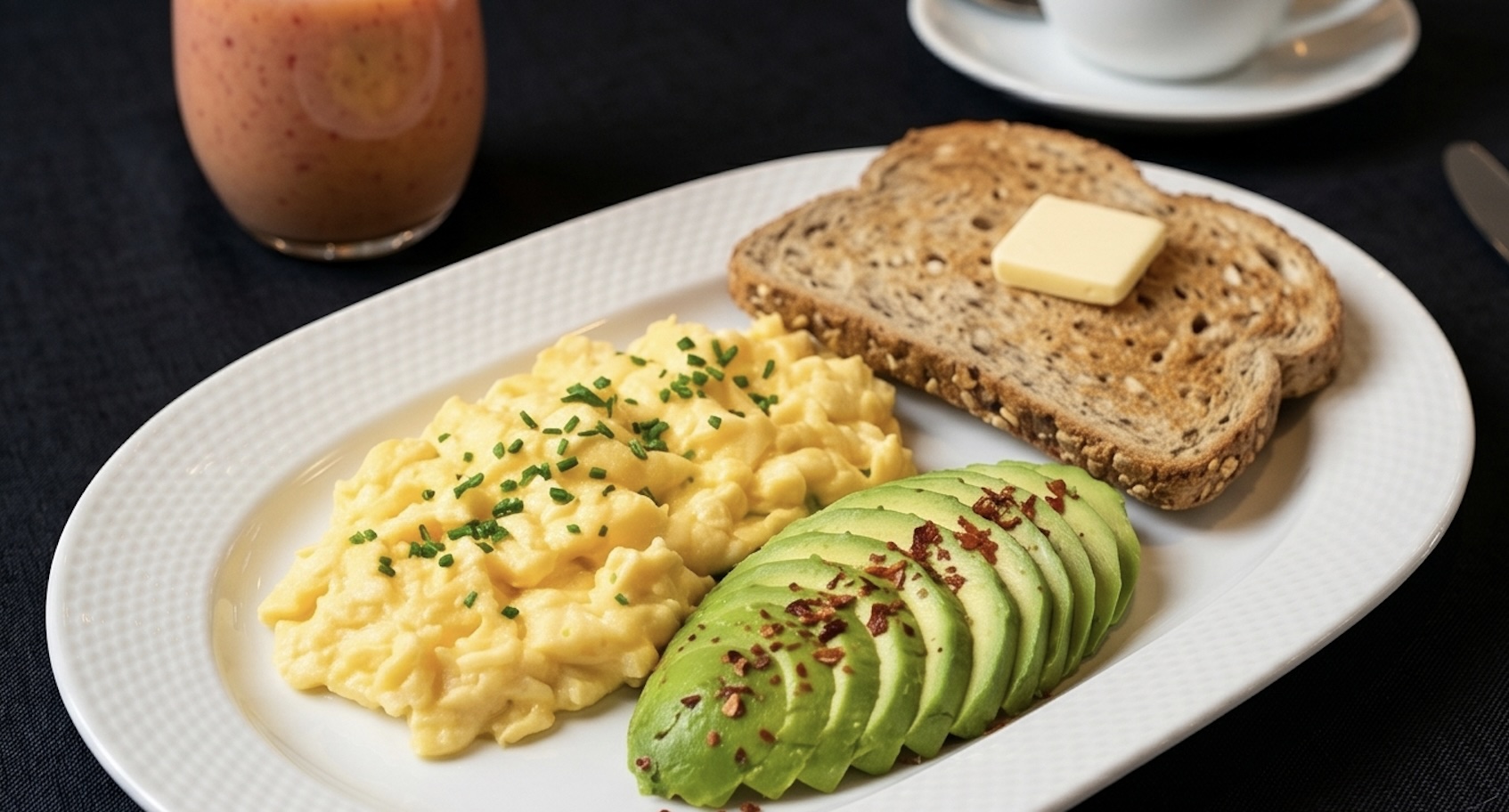 Huevos revueltos con aguacate y tostada
